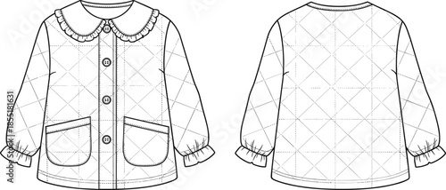 Technical flat sketch of quilted children’s jacket front and back view with ruffled collar, patch pockets, vector illustration