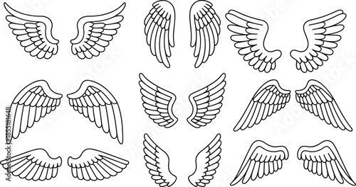 Stylized Black and White Wing Illustrations – Twelve Unique Pairs for Tattoo, Fantasy Art, Logo Design, and Decorative Symbolic Use