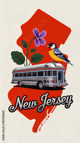 Retro New Jersey travel poster illustration with vintage bus, state map silhouette, bird and violet flower on cream background