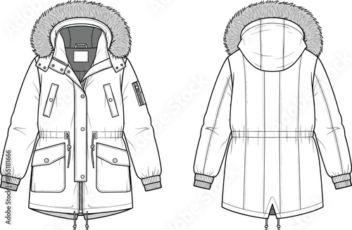 Technical flat sketch of winter parka jacket front and back view with fur hood, patch pockets, fishtail hem, vector illustration
