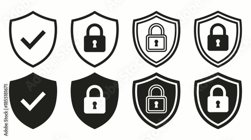 Vector Security Shield Icon Set –  Black and White Line Art Symbols for Protection, Verification, and Cybersecurity Design Themes