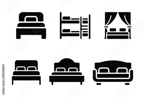 Bedroom furniture and bed styles silhouette icon set