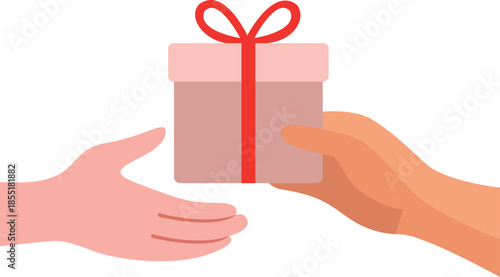 Hands exchanging a gift with a red ribbon representing giving and receiving