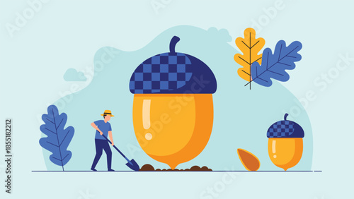 Farmer planting a giant acorn as a metaphor for starting a small business, long-term investment, growth, and future potential.