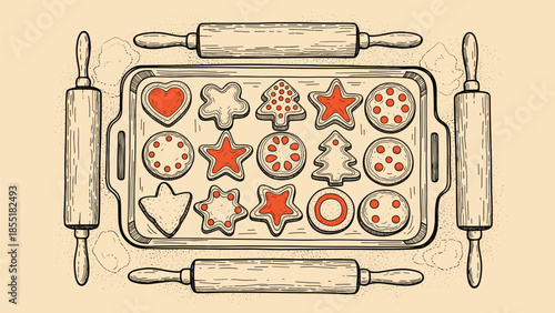 Top-down view of a baking sheet with assorted Christmas cookies and rolling pins in a vintage, hand-drawn engraving style.