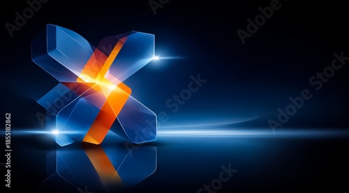 Blue and orange X is displayed on a dark background. The X is made of glass and has a reflective surface