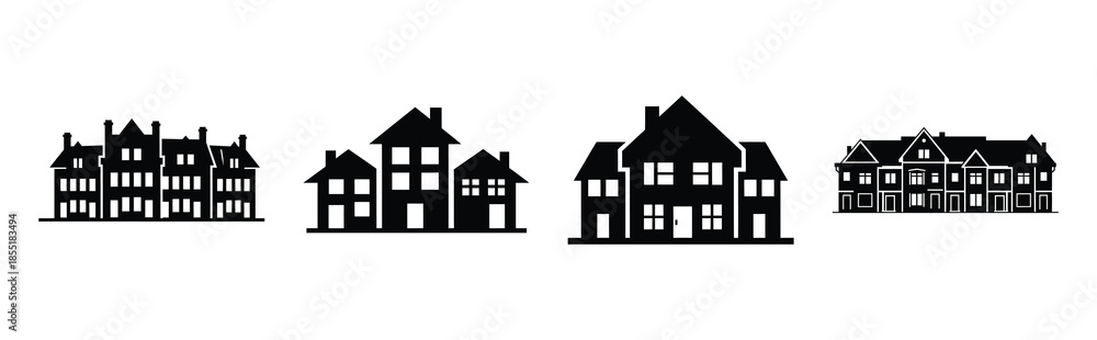 Fototapeta premium townhouse row silhouette icon set, black color and white background