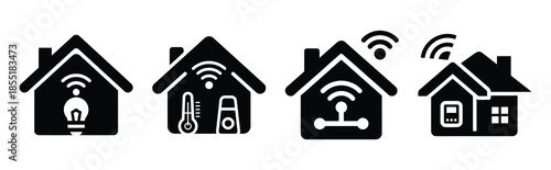 smart home silhouette icon set, black color and white background