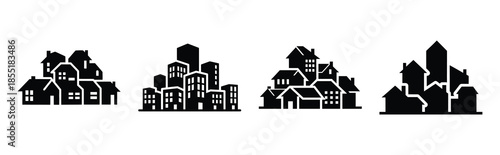 urban housing silhouette icon set, black color and white background