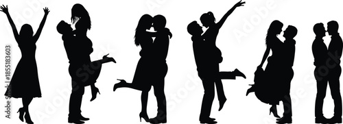 Romantic couple silhouettes collection, happy lovers hugging kissing dancing poses isolated on white background for love design illustration