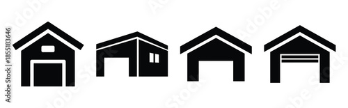 home parking garage silhouette icon set, black color and white background