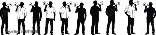 People shouting with megaphone silhouettes, announcement communication marketing protest concept isolated on white background for advertising design usePeople shouting with megaphone  
