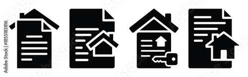 housing contract silhouette icon set, black color and white background