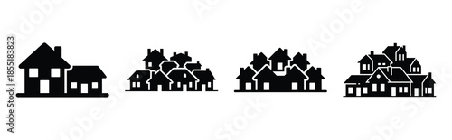 housing development silhouette icon set, black color and white background