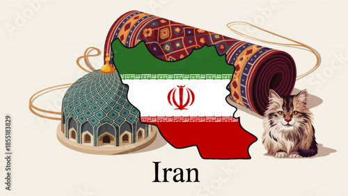 Iran culture illustration with national flag map, mosque dome, Persian carpet and fluffy cat on light background for travel design