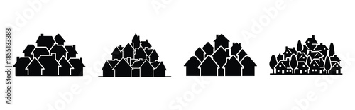 housing neighborhood silhouette icon set, black color and white background