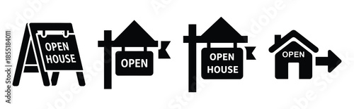 open house sign silhouette icon set, black color and white background