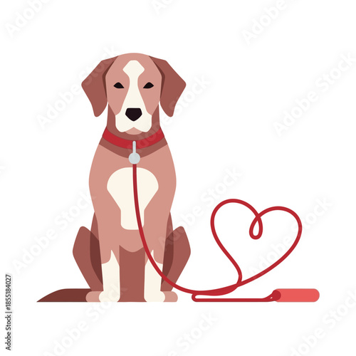 Dog with heart shaped leash, Valentine pet love minimal vector