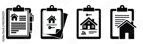 property management clipboard silhouette icon set, black color and white background