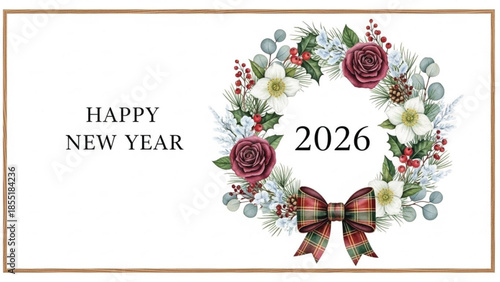 Elegant Watercolor Christmas Floral Wreath with Roses, Winter Greenery and Plaid Bow, Happy New Year 2026 Holiday Greeting on White Background