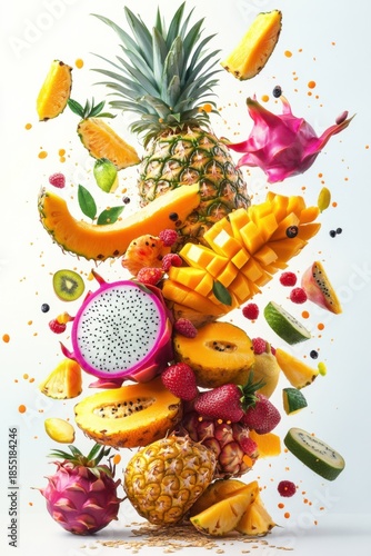colorful tropical fruits flying in the air, mango, papaya, pineapple, dragon fruit, isolated on white background
