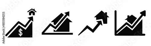 property market forecast silhouette icon set, black color and white background