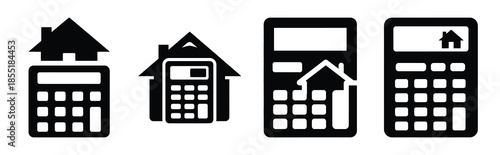 real estate calculator silhouette icon set, black color and white background