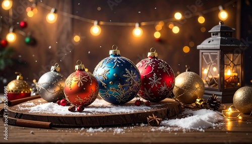 Ornate Christmas baubles on a wooden board, with string lights