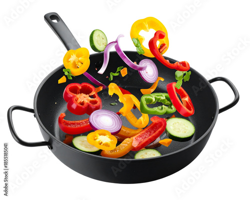 Vegetables fall into a black frying pan on a transparent background. Healthy food con 