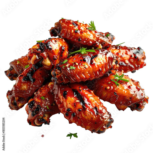 A close-up shot of a pile of glistening, sticky barbecue chicken wings against a solid black background.