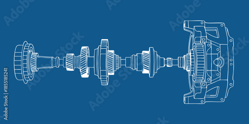 Technical blueprint style illustration of automotive transmission gearbox with exploded mechanical parts on blue engineering background