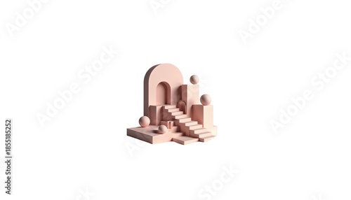 Concept of minimalist 3D rendering featuring abstract geometric architectural elements in a soft pastel pink hue, creating a serene and modern design aesthetic for digital art and graphic backgrounds