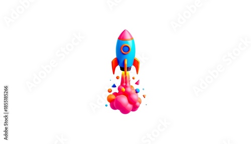 Vibrant 3D rocket blasting off, symbolizing a successful startup launch, innovation, and accelerated business growth into the future