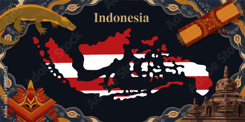 Indonesia cultural map illustration with national flag colors, batik pattern border, Komodo dragon, Borobudur temple and traditional art