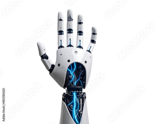 White cyborg robotic hand pointing his finger, trying to reach something. Isolated on 