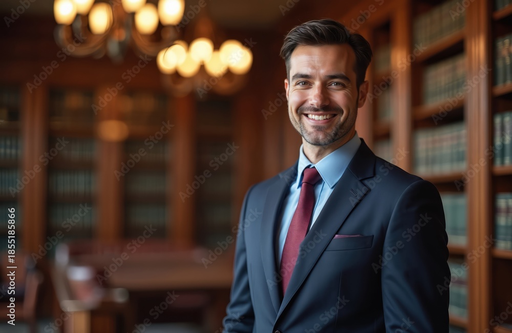 Fototapeta premium Smiling man in dark suit and tie stands in library. Confident professional ready for business meeting. Attorney at work in office with books.