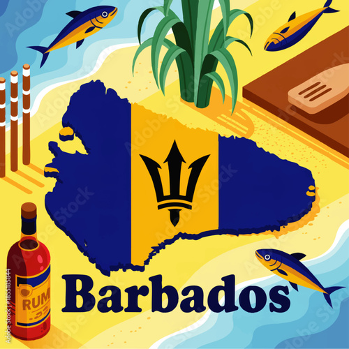 Barbados island map with flag trident symbol, tropical beach illustration with rum bottle, flying fish, sugarcane and Caribbean sea