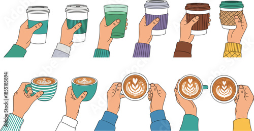 Large Vector Set of Hands Holding Coffee Takeaway Cups and Latte Art Mugs