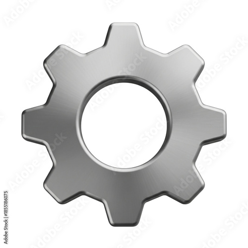 3D silver gear icon symbolizing settings, configuration, or system control in a digital interface.