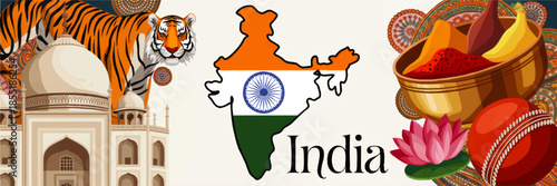 Colorful India culture illustration with Taj Mahal, tiger, flag map, spices, cricket ball and lotus flower on decorative background