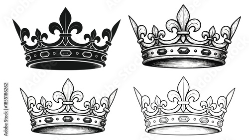 Detailed illustration of four ornate royal crowns in a black and white style