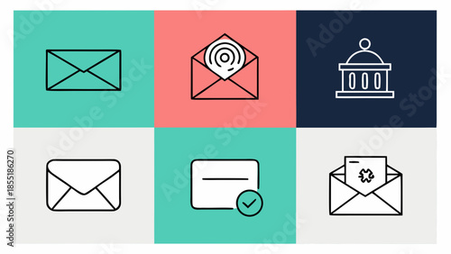 Set of six vector icons in a grid representing communication and security, featuring envelopes, a document with a checkmark, and a fingerprint scanner