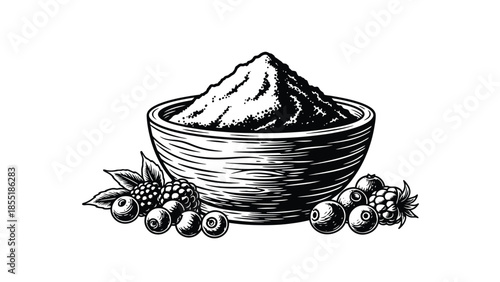 A bowl of powder with fresh berries and leaves a vintage illustration