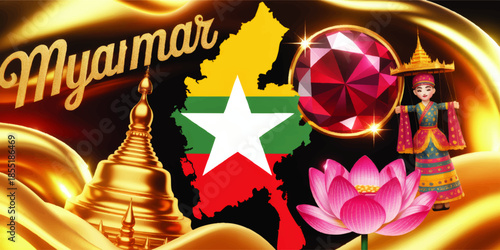 Myanmar culture illustration with national map flag pagoda lotus puppet and ruby gemstone on luxury golden abstract background