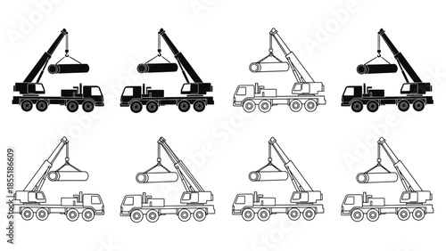 Four sets of construction cranes lifting cargo depicted in a simple black and white style