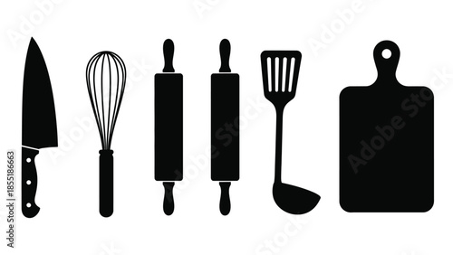Black and white illustration of various kitchen utensils arranged in a row