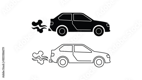 Black and white illustration of a car emitting exhaust fumes