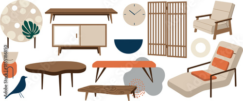 Vector Set of Mid-Century Modern Furniture Including Chairs Tables Sideboard and Home Decor