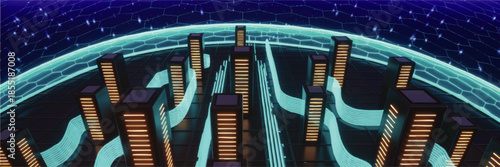 Futuristic data center network with glowing server towers, cyber grid, and digital data streams in blue neon sci fi landscape