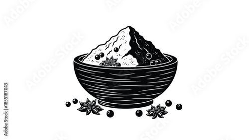 A black and white illustration of a bowl filled with a mountain shape